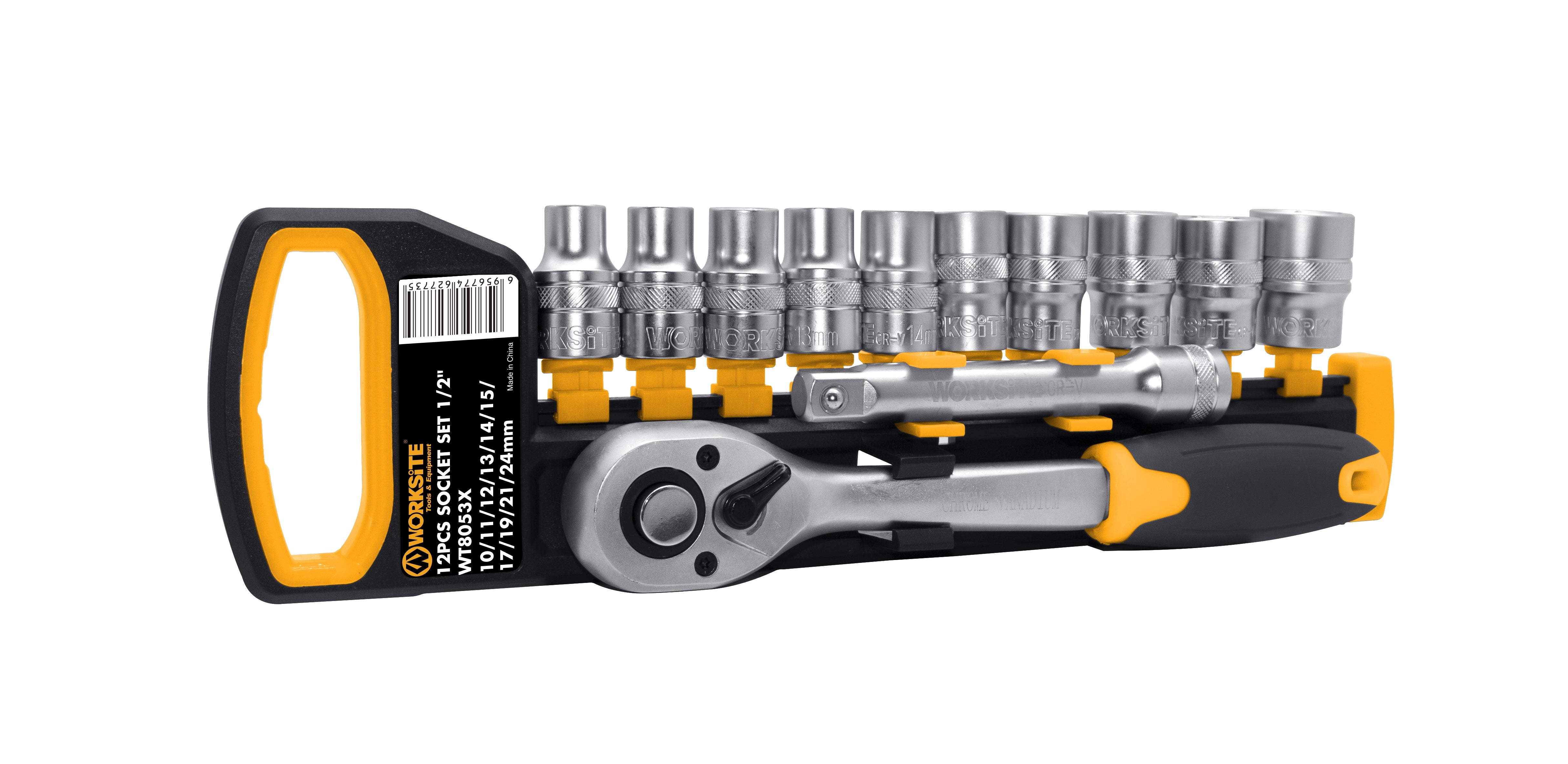 WORKSITE 1/2INCH SOCKET SET 12PCS Metric Socket Set, Industrial Grade 6-Point Standard Sockets, Quick-Release Softgrip Reversible Ratchet Handle, Forged and Heat-Treated Cr-V Alloy Steel, Size 10mm-24mm- WT8053X WORKSITE 1/2INCH SOCKET SET 12PCS Metric Socket Set, Industrial Grade 6-Point Standard Sockets, Quick-Release Softgrip Reversible Ratchet Handle, Forged and Heat-Treated Cr-V Alloy Steel, Size 10mm-24mm- WT8053X